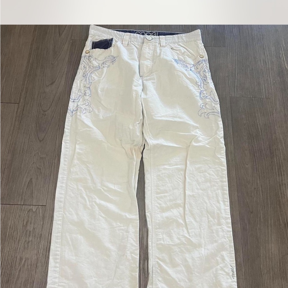 COOGI White Pants with Blue Embroidery